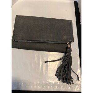 Mods Luxe Dark Gray Python Embossed Leather Fold Over Zipper Black Gold Tassel